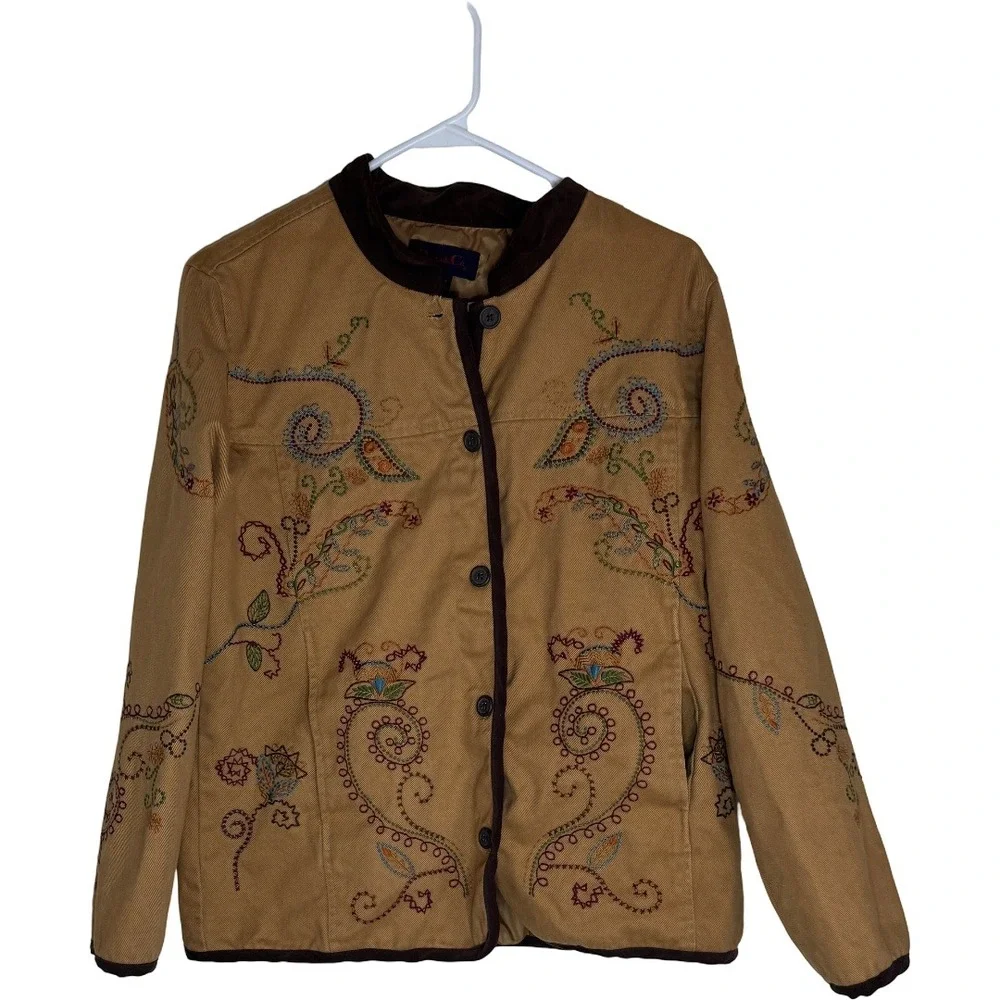 Denim & Co Womens Tan Corduroy Embroidered Floral‎ Paisley Jacket Medium A69383